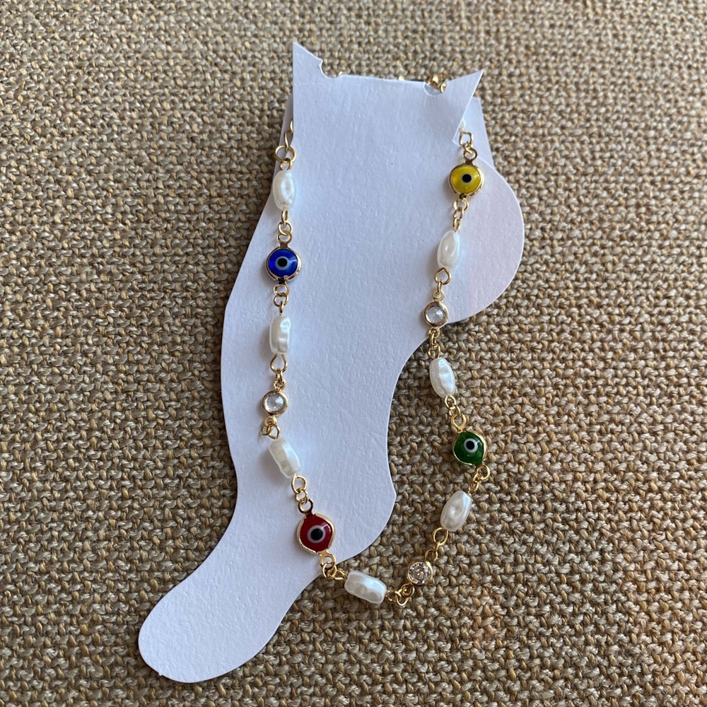 Gold Plated freshwater Pearl and Evil Eye Anklet - Picture 1 of 2